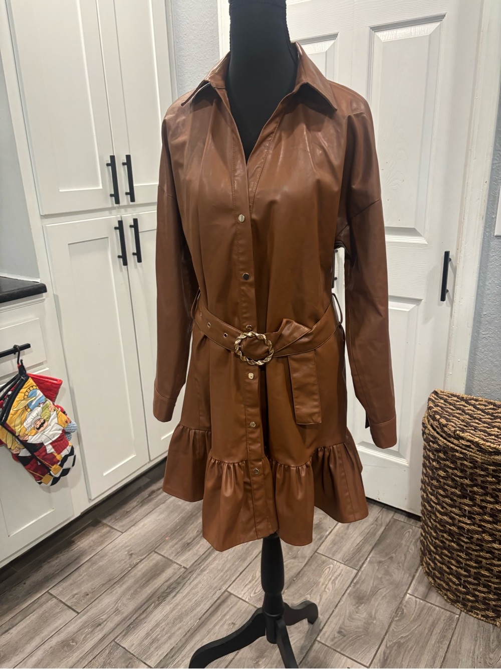 Zara Women's Brown Faux Leather Belted Shirt Dress Jacket